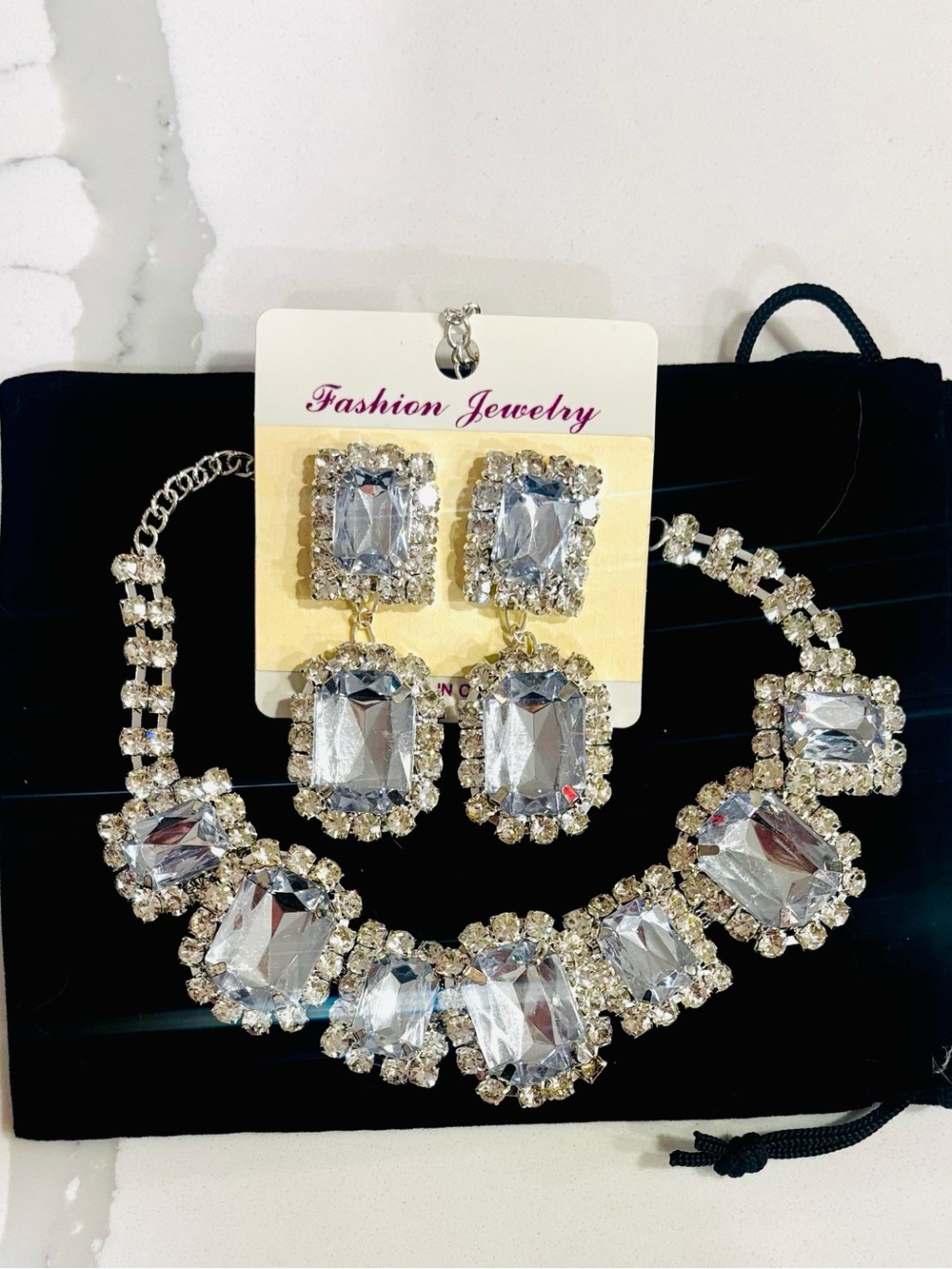 Fashion Jewelry Clear Crystal Statement Necklace & Drop Earrings Set